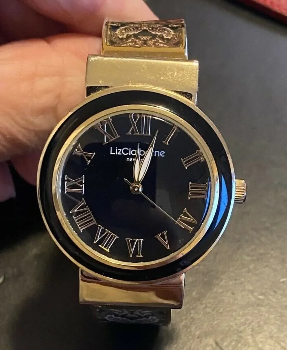 Women's Liz Claiborne New York Bangle Watch, Gold Tone with Pattern Accents